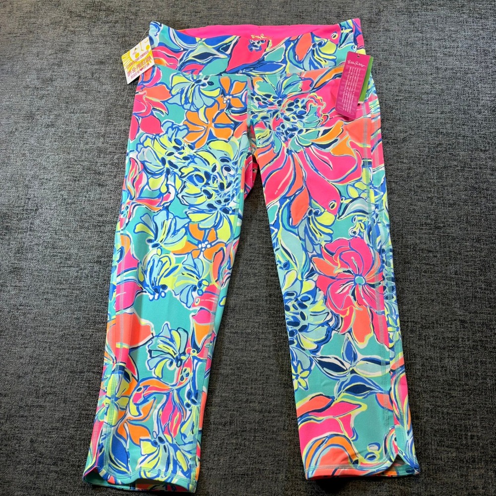 Lilly Pulitzer Weekender Cropped Leggings Womens L Aqua Breezy Babe UPF 50+